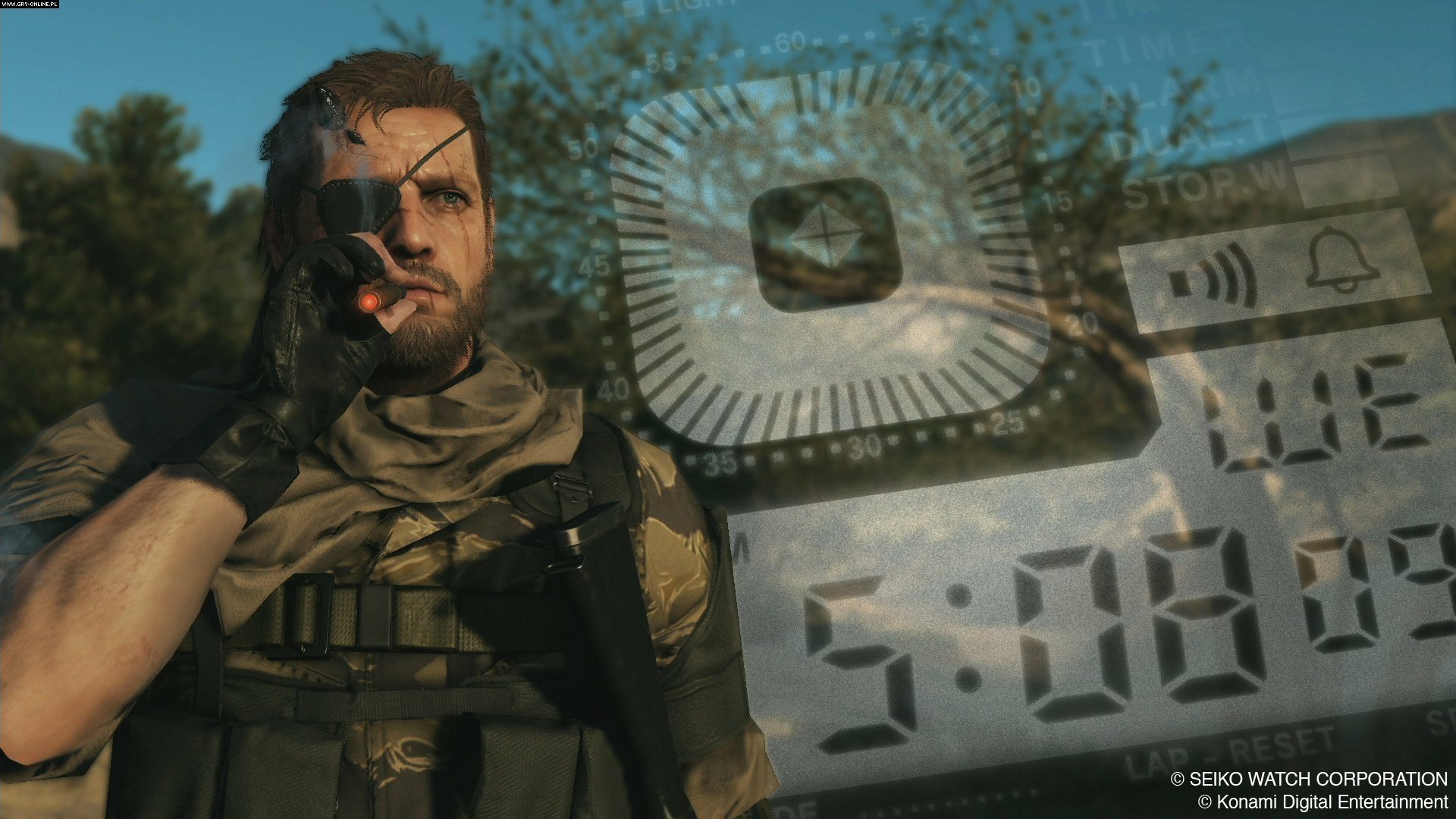 HD PC desktop wallpaper featuring a character from Metal Gear Solid V: The Phantom Pain in a tactical outfit, set against a forested background.