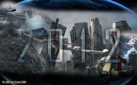 HD PC desktop wallpaper featuring a dramatic cityscape in ruins with a massive tidal wave, inspired by the 2012 disaster movie theme.