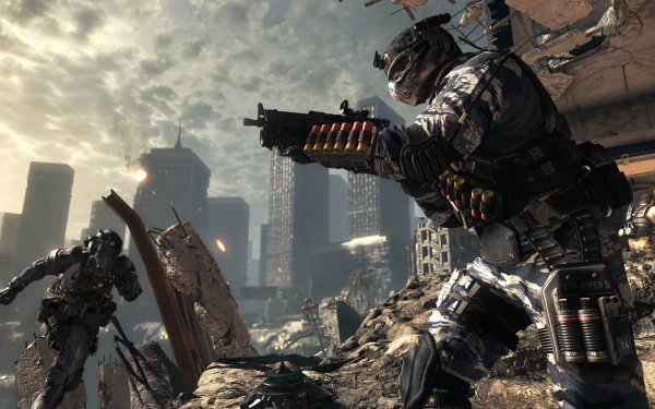 HD desktop wallpaper from Call of Duty: Ghosts featuring a soldier armed with a rifle in a post-apocalyptic cityscape.