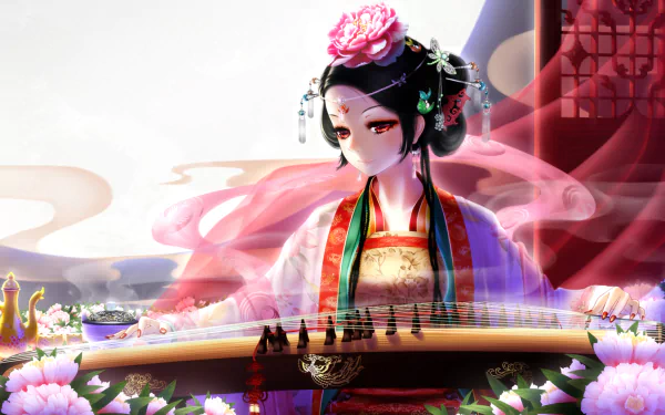 A captivating anime geisha with red eyes plays a traditional instrument amidst a backdrop of flowers and soft colors, creating a serene and enchanting atmosphere.