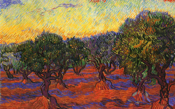 HD PC desktop wallpaper featuring an artistic rendering of olive trees in the style of Vincent Van Gogh's vibrant brushwork and bold color palette.