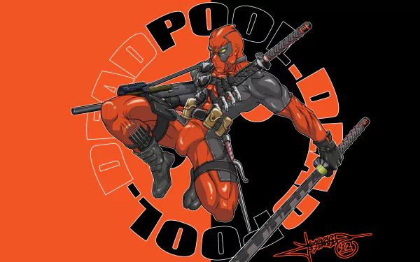 Vibrant 4K Ultra HD wallpaper featuring Deadpool, the Merc with a Mouth, in an action pose, set against a bold orange and black background with comic-style text.