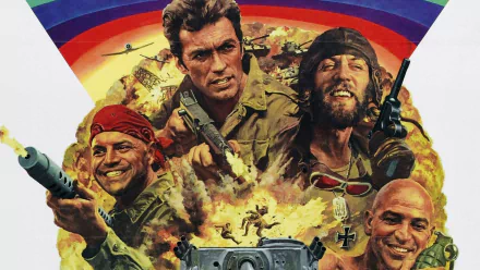 HD PC desktop wallpaper featuring the main characters from the movie Kelly's Heroes, set against an action-packed background with explosions and military imagery.