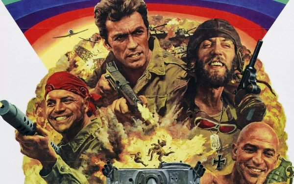 HD PC desktop wallpaper featuring the main characters from the movie Kelly's Heroes, set against an action-packed background with explosions and military imagery.