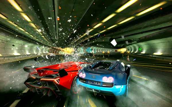 An exciting HD desktop wallpaper from Asphalt 8: Airborne, featuring a dramatic collision between a red sports car and a blue supercar in a high-speed tunnel.