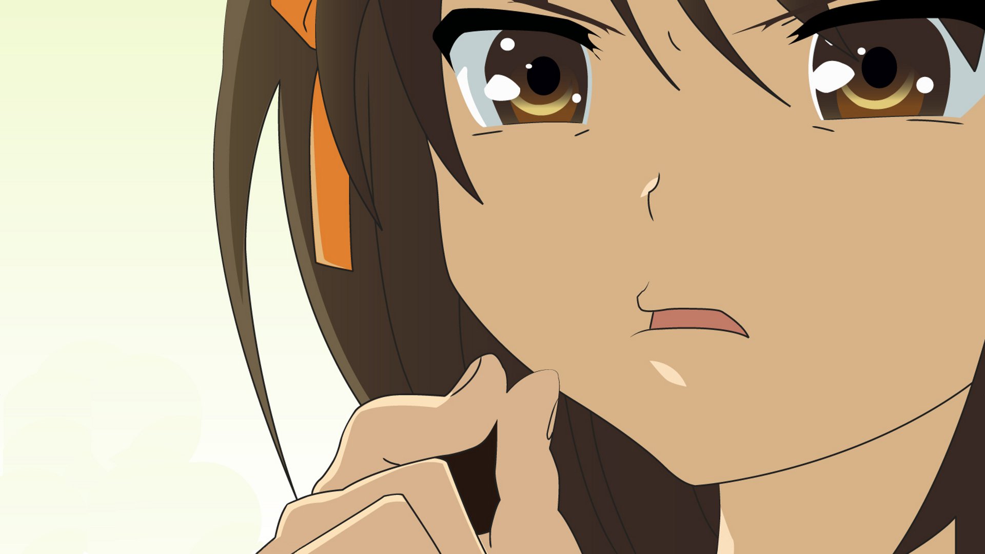Close-up of Haruhi Suzumiya from The Melancholy of Haruhi Suzumiya anime, featured in an HD PC desktop wallpaper and background.
