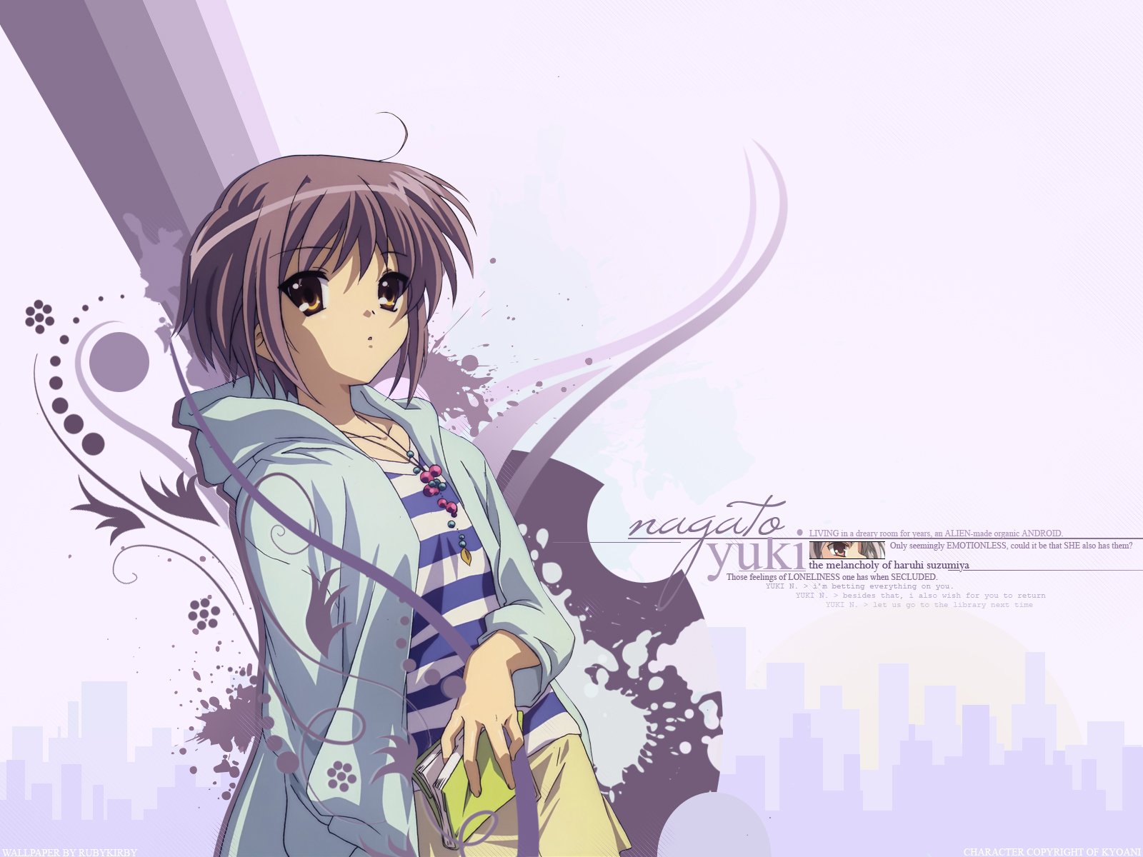 HD PC desktop wallpaper featuring Yuki Nagato from the anime The Melancholy of Haruhi Suzumiya, depicted in a casual outfit with a soft, pastel background.