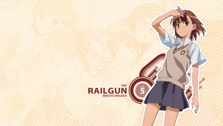 HD PC desktop wallpaper featuring Mikoto Misaka from the anime A Certain Scientific Railgun, set against a light striped background with stylized graphic elements.