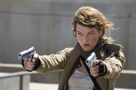 Milla Jovovich in a dynamic pose wielding two guns, showcasing her role in Resident Evil: Extinction. This high-definition image serves as a striking desktop wallpaper.