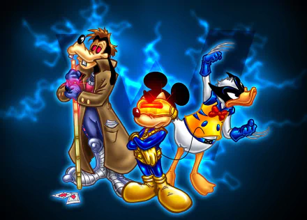 HD desktop wallpaper featuring a dynamic crossover of Disney's Mickey Mouse, Goofy, Donald Duck, and Marvel's X-Men characters Gambit, Cyclops, and Wolverine in vibrant action poses.