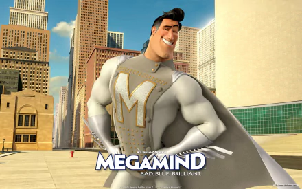A vibrant HD wallpaper featuring a confident character from the movie MegaMind, showcasing his stylish superhero outfit against a city skyline backdrop.
