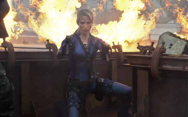 Sienna Guillory as Alice in a dramatic scene from the movie Resident Evil: Retribution, featured as an HD PC desktop wallpaper and background.