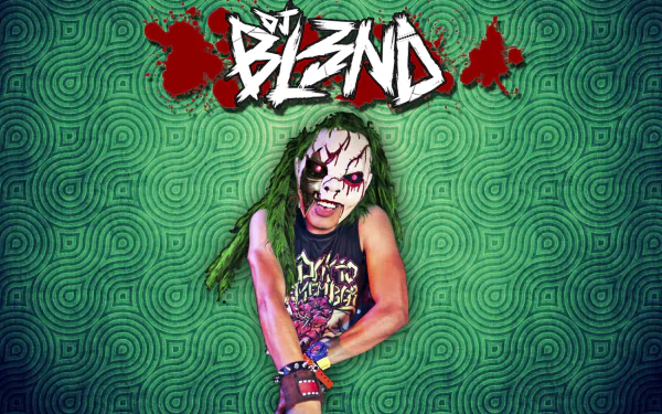 HD desktop wallpaper featuring DJ BL3ND with a striking mask and dynamic pose, set against a green patterned background, capturing the dubstep and electro house music vibe.