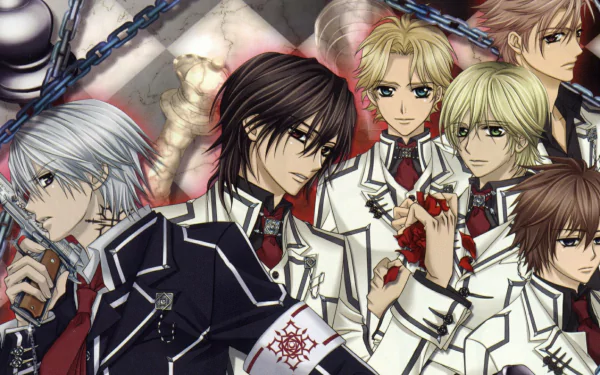HD desktop wallpaper featuring characters from Vampire Knight anime, displaying a group of characters in detailed school uniforms with a dramatic backdrop.