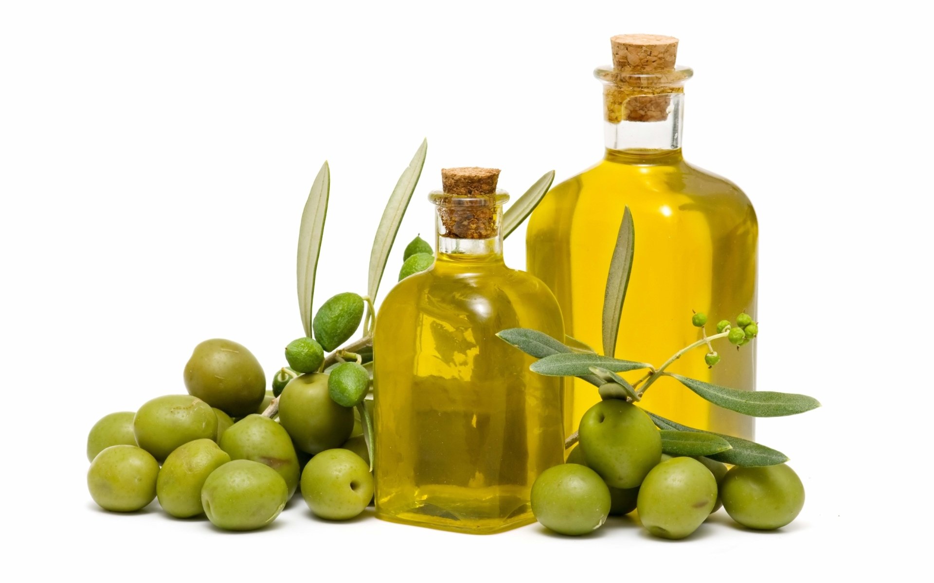 Two glass bottles of olive oil surrounded by fresh green olives and olive branches on a white background, captured in HD for a clean desktop wallpaper.