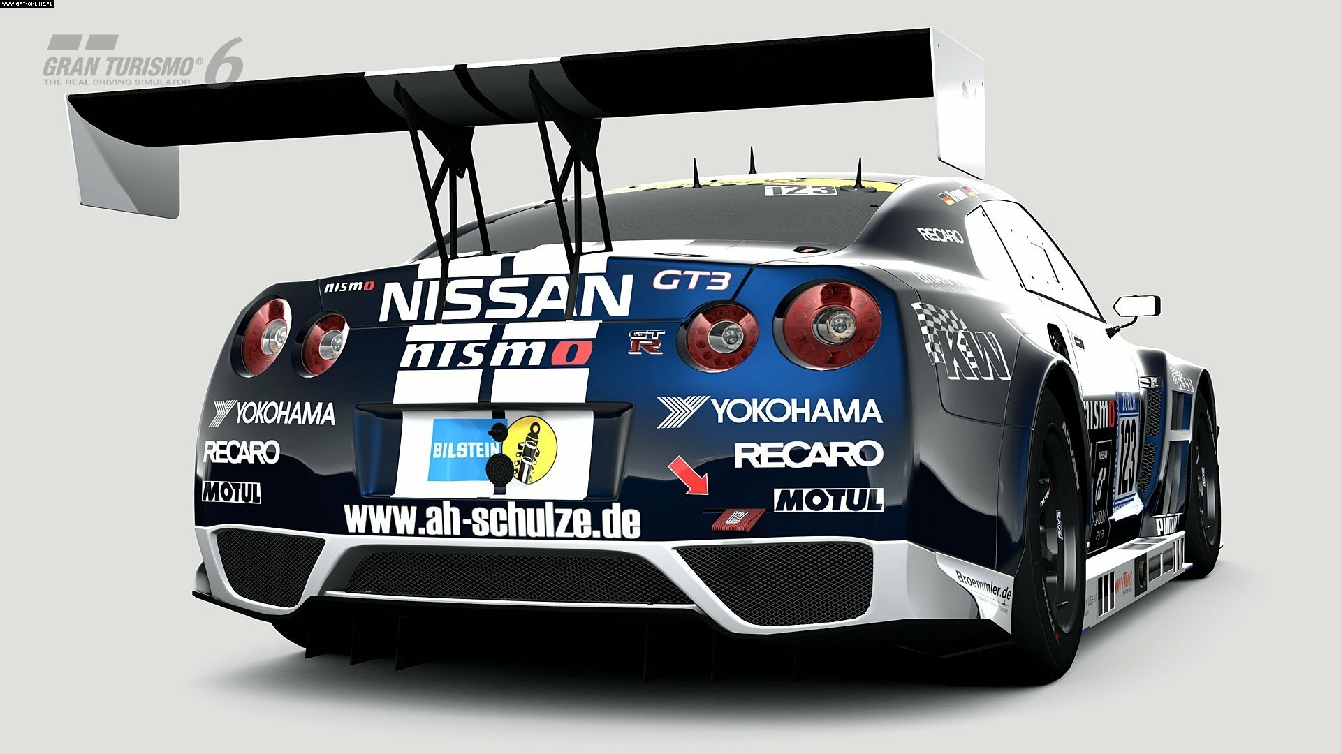 HD PC desktop wallpaper featuring a detailed rear view of a Nissan GT3 race car from the video game Gran Turismo 6, showcasing its sponsor decals and aerodynamic design.