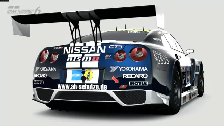 HD PC desktop wallpaper featuring a detailed rear view of a Nissan GT3 race car from the video game Gran Turismo 6, showcasing its sponsor decals and aerodynamic design.