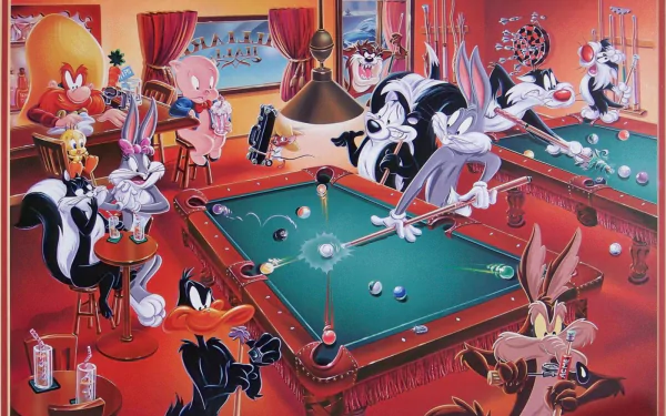 HD desktop wallpaper featuring Looney Tunes characters like Bugs Bunny, Daffy Duck, and Tweety playing pool in a vibrant, cartoon-style game room.