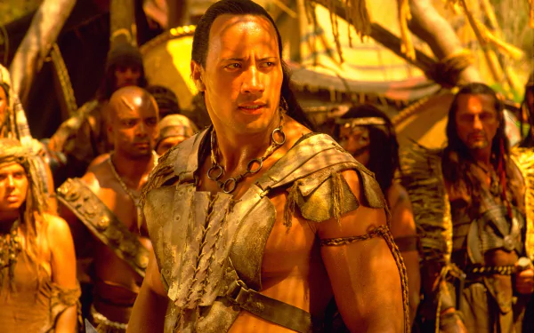 Dwayne Johnson as The Scorpion King in a detailed 4K Ultra HD movie scene, surrounded by warriors in a desert setting.