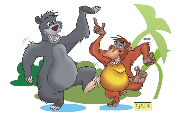 HD desktop wallpaper and background featuring characters Baloo and King Louie from The Jungle Book (1967) in a lively jungle setting.