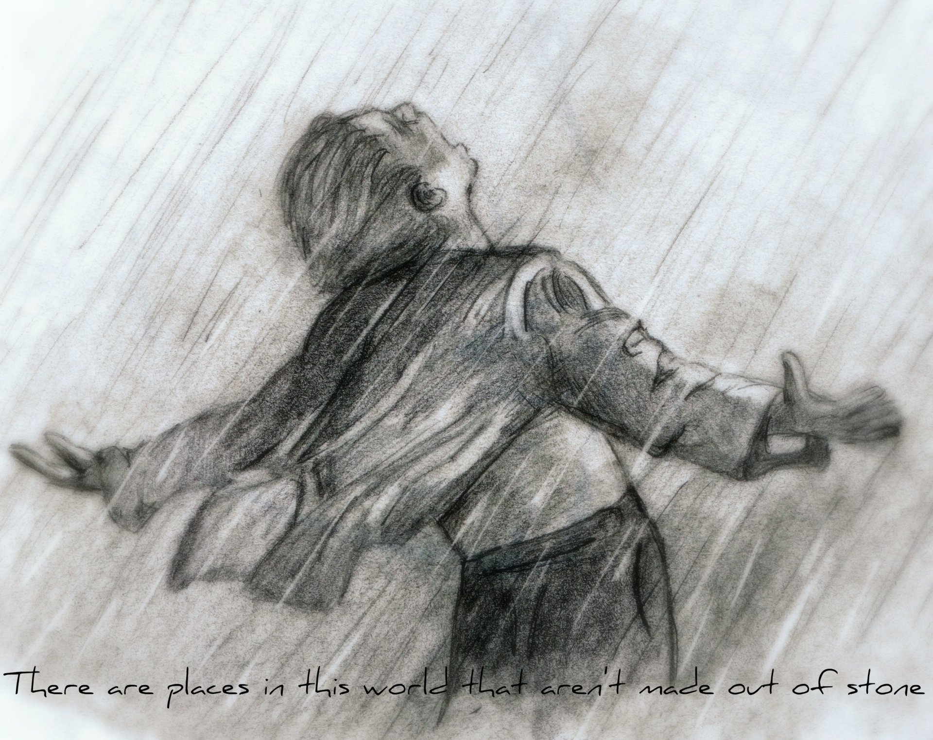 A black and white sketch depicting a character from *The Shawshank Redemption* with arms outstretched, embracing the rain, creating a dramatic and inspirational atmosphere.