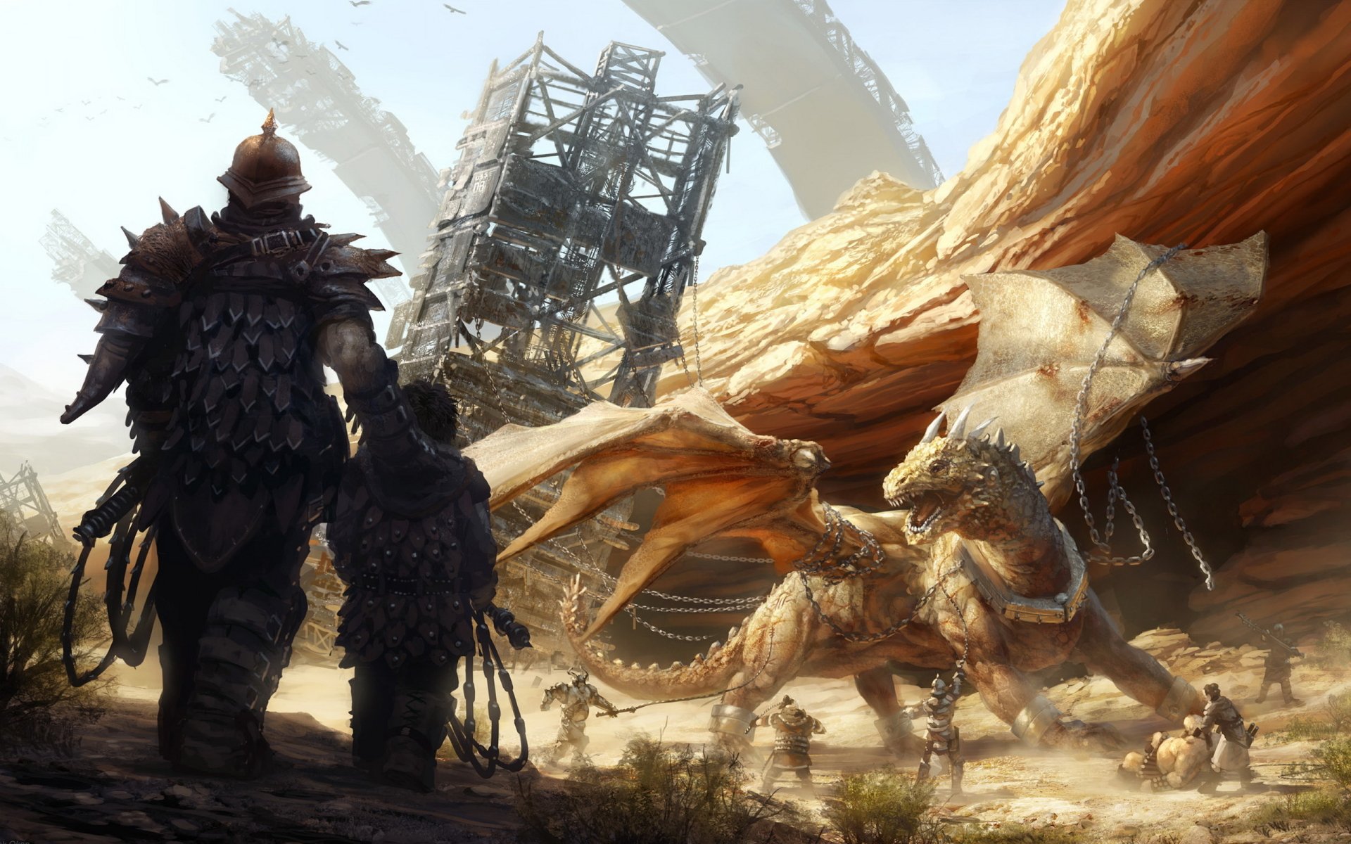 A fantasy scene featuring a majestic dragon alongside two armored figures, set against a dramatic landscape with ruins, creating a captivating HD desktop wallpaper.