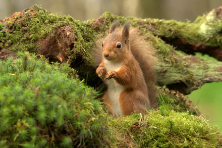 A squirrel perched on a mossy log, surrounded by lush greenery, captured in vibrant detail. This beautiful image serves as a 4K Ultra HD desktop wallpaper.