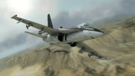 HD PC desktop wallpaper from the video game Tom Clancy's H.A.W.X.: a military fighter jet flying low over rugged desert and mountains under cloudy skies.