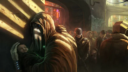 Sci-fi HD PC desktop wallpaper depicting a hooded figure cradling a child in a dimly lit, futuristic urban setting with a crowd in the background.
