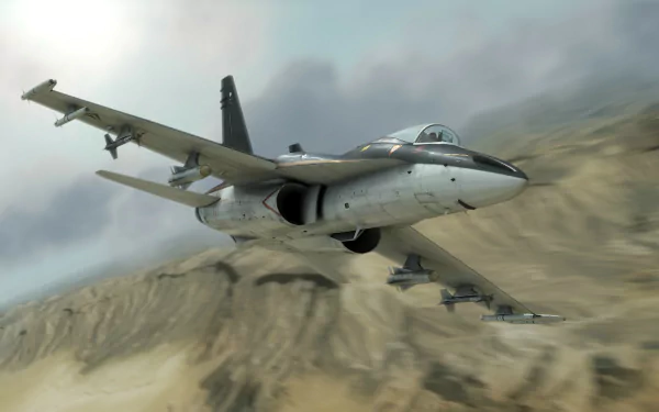 HD PC desktop wallpaper from the video game Tom Clancy's H.A.W.X.: a military fighter jet flying low over rugged desert and mountains under cloudy skies.