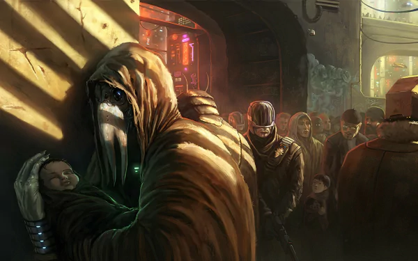 Sci-fi HD PC desktop wallpaper depicting a hooded figure cradling a child in a dimly lit, futuristic urban setting with a crowd in the background.