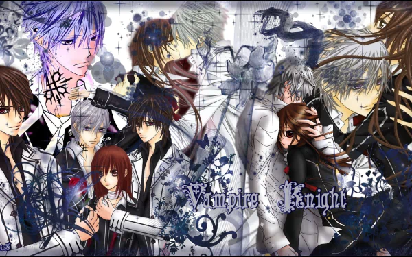 HD desktop wallpaper of Vampire Knight featuring multiple anime characters in dramatic poses, with a detailed, artistic background.