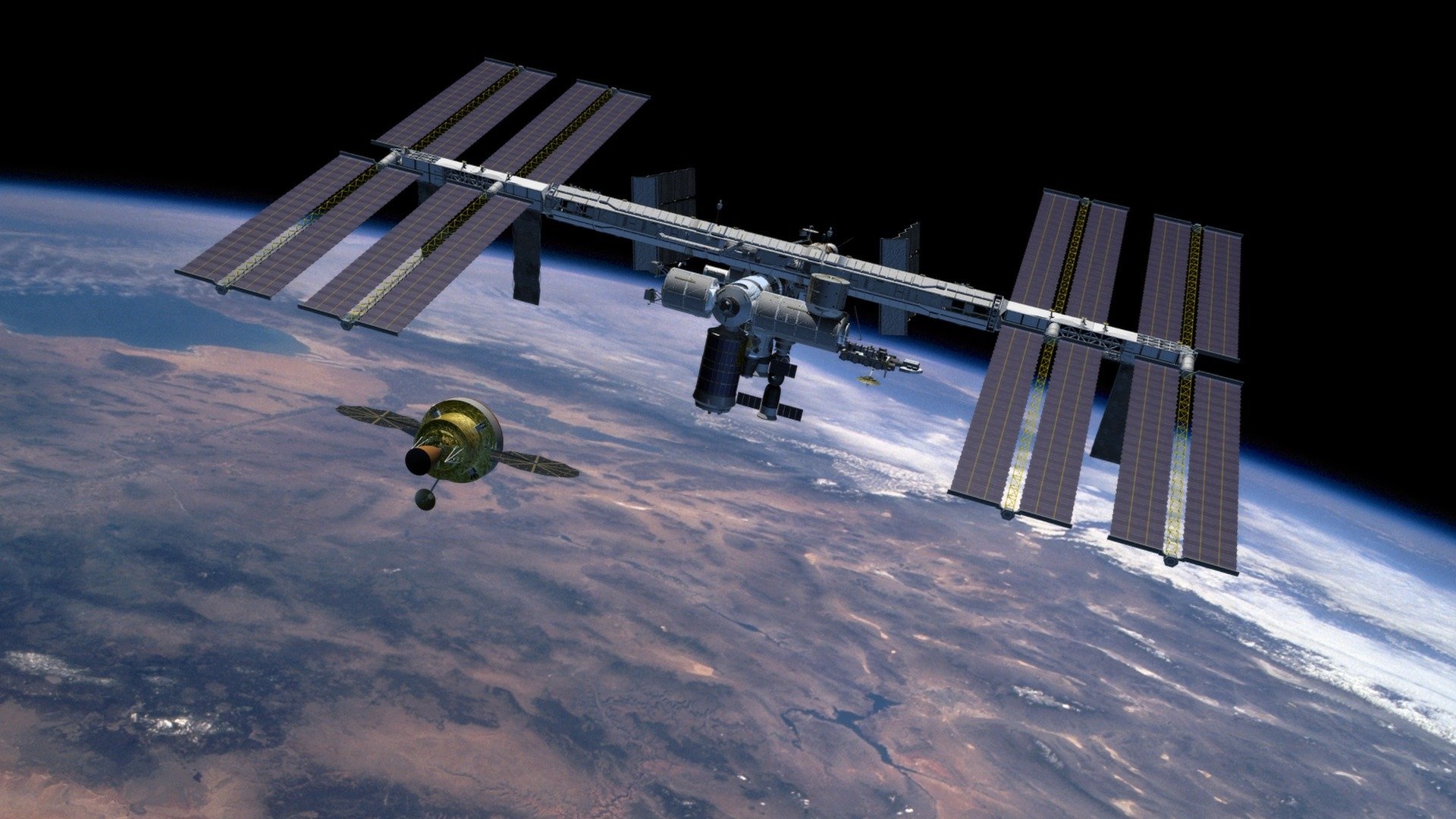 HD PC desktop wallpaper background: NASA man-made International Space Station with a visiting capsule orbiting above Earth's curved, sunlit surface.