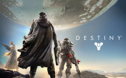 A stunning HD wallpaper featuring characters from the video game Destiny, set against a dramatic celestial background, showcasing the epic sci-fi adventure of the game.