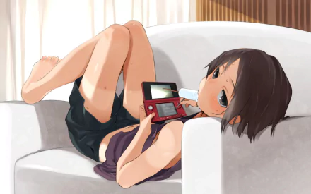 A relaxed anime girl with short hair enjoys ice cream while playing on a handheld gaming device, lounging comfortably on a sofa in a cozy setting.