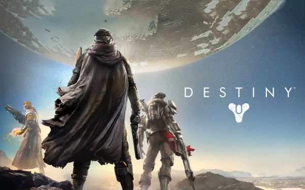 A stunning HD wallpaper featuring characters from the video game Destiny, set against a dramatic celestial background, showcasing the epic sci-fi adventure of the game.