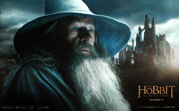Gandalf stands in a dramatic landscape, donning his iconic gray cloak and hat, from the movie The Hobbit: The Desolation of Smaug, creating a captivating HD desktop wallpaper.
