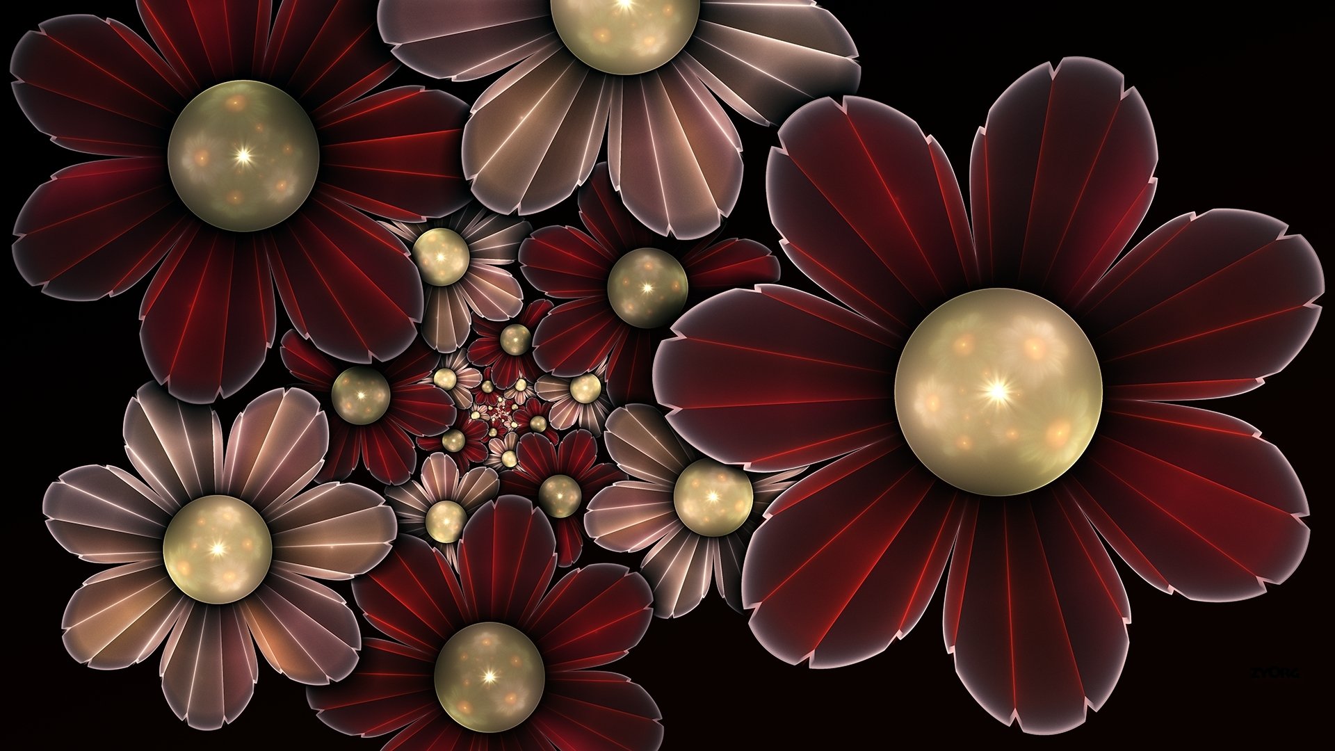 Abstract fractal design featuring layered, metallic red and beige flowers with glowing centers, creating a mesmerizing HD PC desktop wallpaper background.