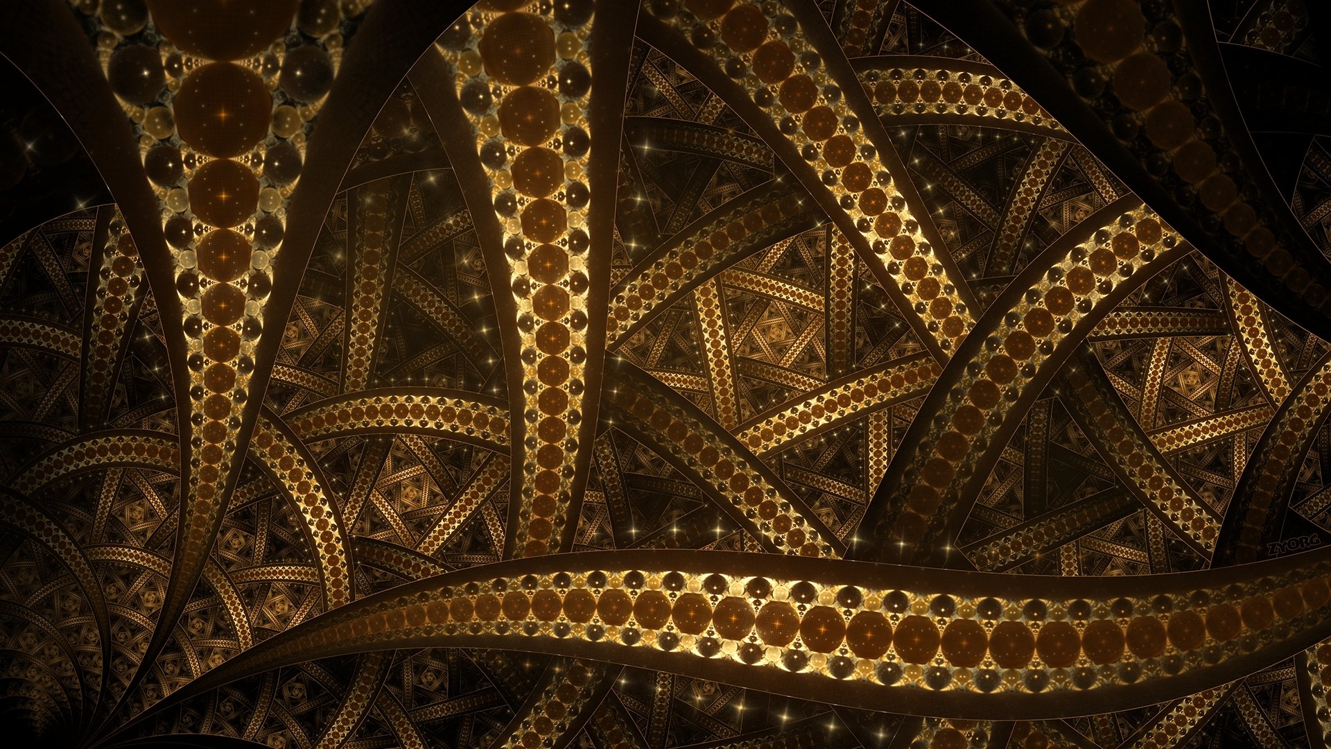 Abstract fractal design with intricate golden arches and geometric patterns, rendered in high definition as a striking PC desktop wallpaper and background.