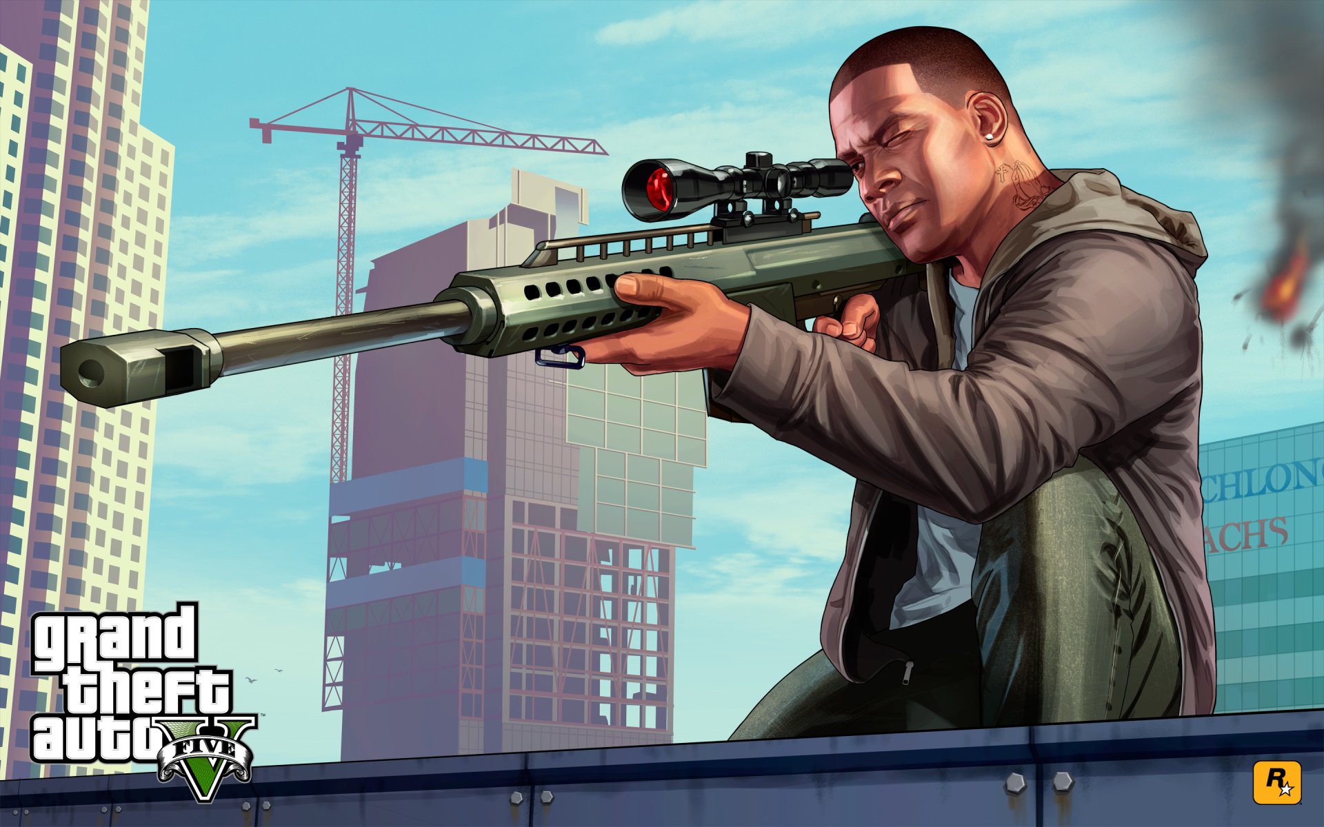 HD wallpaper of Franklin Clinton aiming a rifle, from the video game Grand Theft Auto V, featuring skyscrapers and a construction crane in the background.
