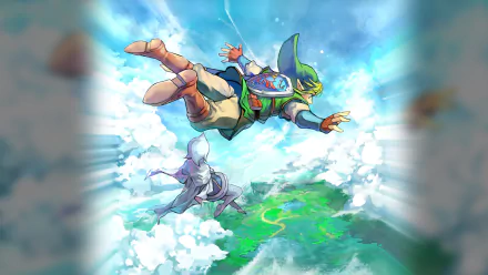 HD PC desktop wallpaper/background from the video game The Legend of Zelda: Skyward Sword depicting Link plunging through clouds with a vivid green landscape far below.