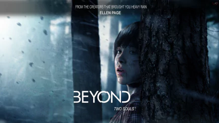HD PC desktop wallpaper featuring a dark, atmospheric scene from the video game Beyond: Two Souls with the protagonist Ellen Page against a rain-soaked window.