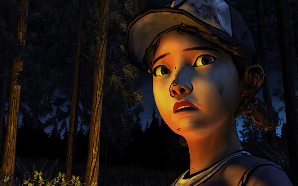 HD PC desktop wallpaper featuring Clementine from The Walking Dead video game, showcasing a tense nighttime scene from The Walking Dead: Season 2.