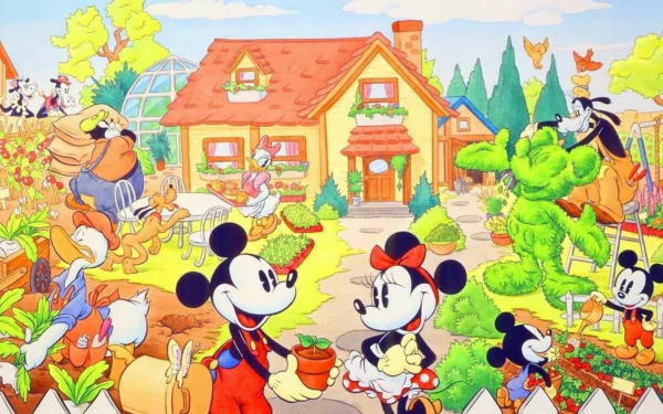 A colorful scene featuring Mickey Mouse and friends in a vibrant garden, surrounded by flowers, animals, and a cheerful house, capturing the charm of a Disney movie.