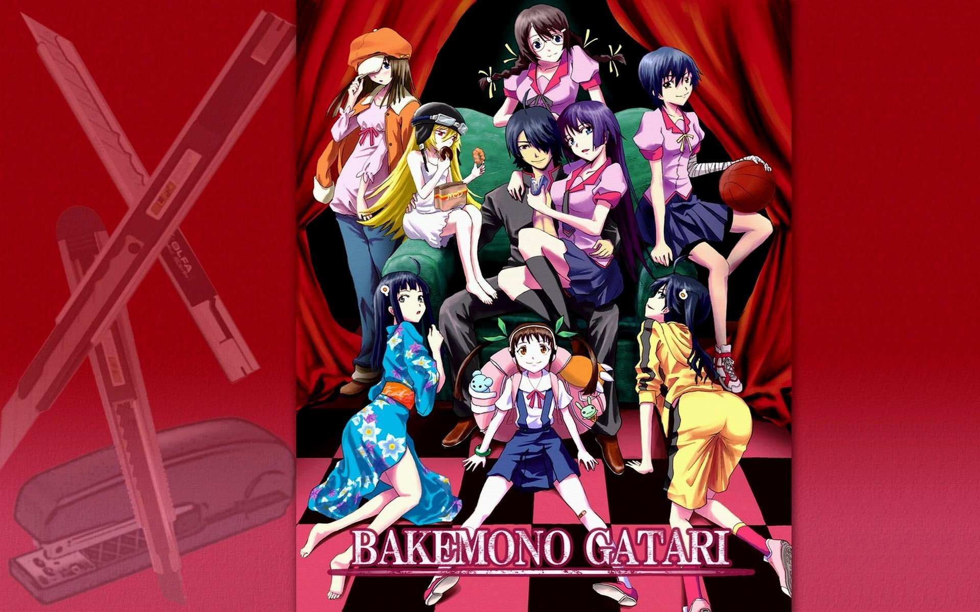 HD PC desktop wallpaper featuring key Monogatari series characters including Koyomi Araragi, Hitagi Senjōgahara, Nadeko Sengoku, Suruga Kanbaru, and others with black or short hair.