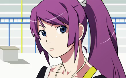 HD PC desktop wallpaper featuring Hitagi Senjōgahara from the Monogatari series with her signature purple hair and intense gaze.