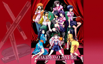 HD PC desktop wallpaper featuring key Monogatari series characters including Koyomi Araragi, Hitagi Senjōgahara, Nadeko Sengoku, Suruga Kanbaru, and others with black or short hair.