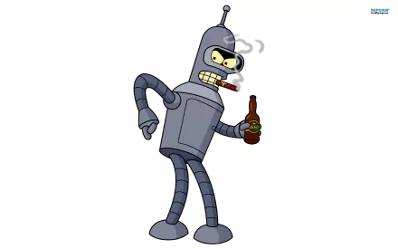 HD PC desktop wallpaper of Bender from the TV show Futurama, depicted smoking a cigar and holding a beer bottle.
