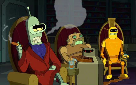 HD PC desktop wallpaper from TV show Futurama: Bender and two other robots lounge in armchairs—Bender in a robe smoking a cigar, dim library shelves behind them.