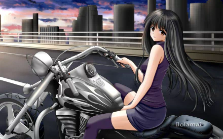 A striking HD desktop wallpaper featuring an anime girl with long black hair, sitting on a sleek motorcycle against a city skyline at sunset.